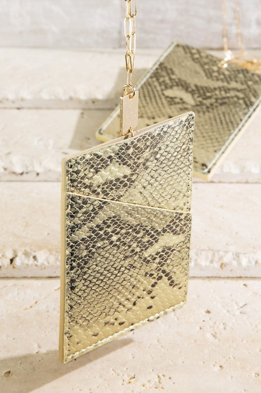 Carry Me Around Faux Leather Card Case Necklace Set - Snake/Beige Gold