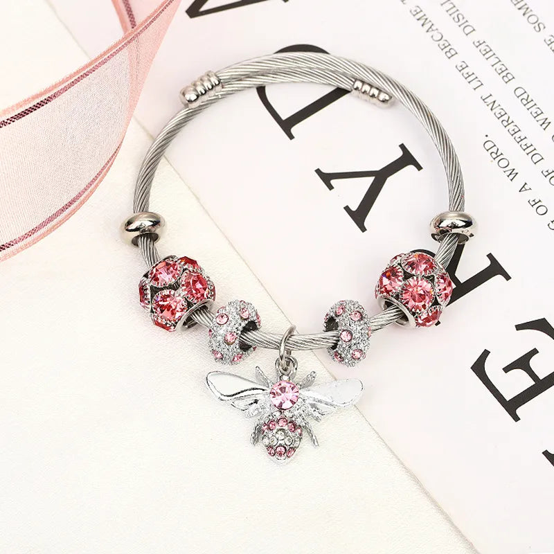 Bee Mine Silver Rhinestone Bracelet Pink