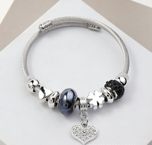 Stainless Steel Rhinestone Heart Bracelet/Black