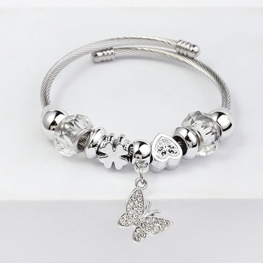 Stainless Steel Rhinestone Butterfly Bracelet - Clear/White Beads