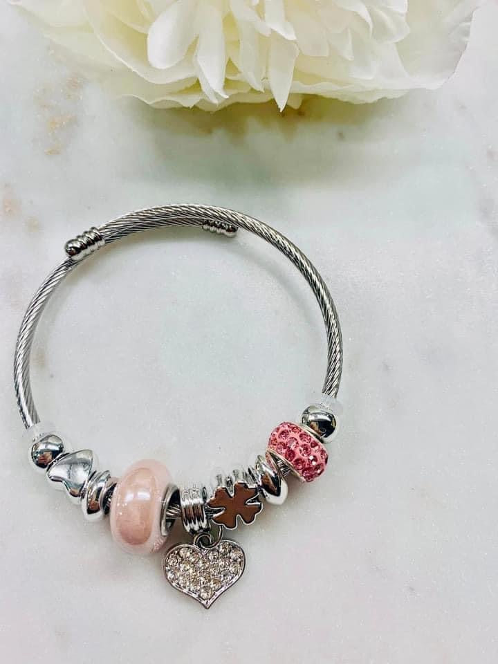 Stainless Steel Rhinestone Heart Bracelet - Pink