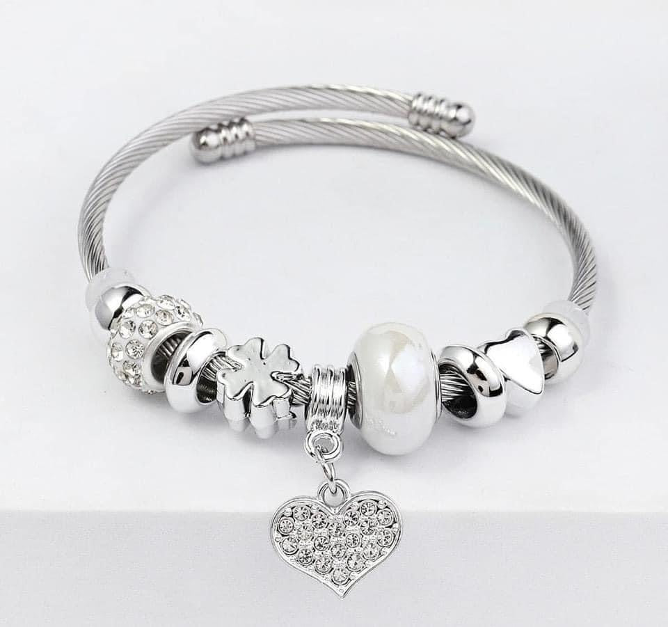 Stainless Steel Rhinestone Heart Bracelet - White