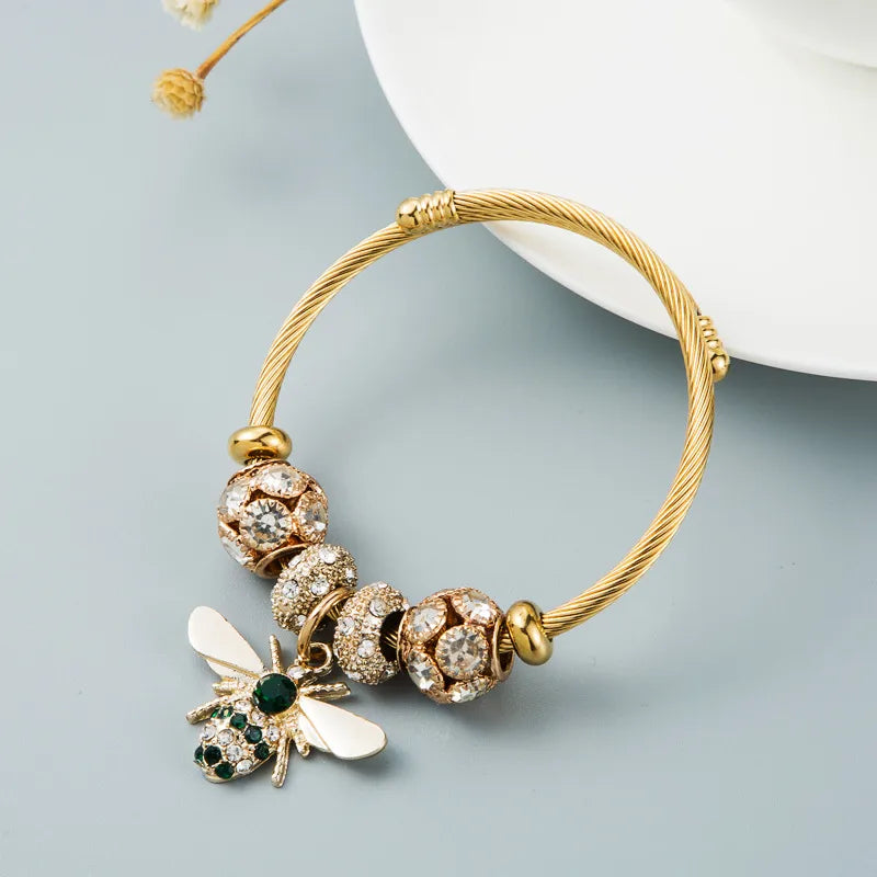 Bee Mine2 Gold Rhinestone Bracelet - White/Green